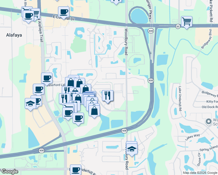 map of restaurants, bars, coffee shops, grocery stores, and more near 12718 Somerset Oaks Street in Orlando