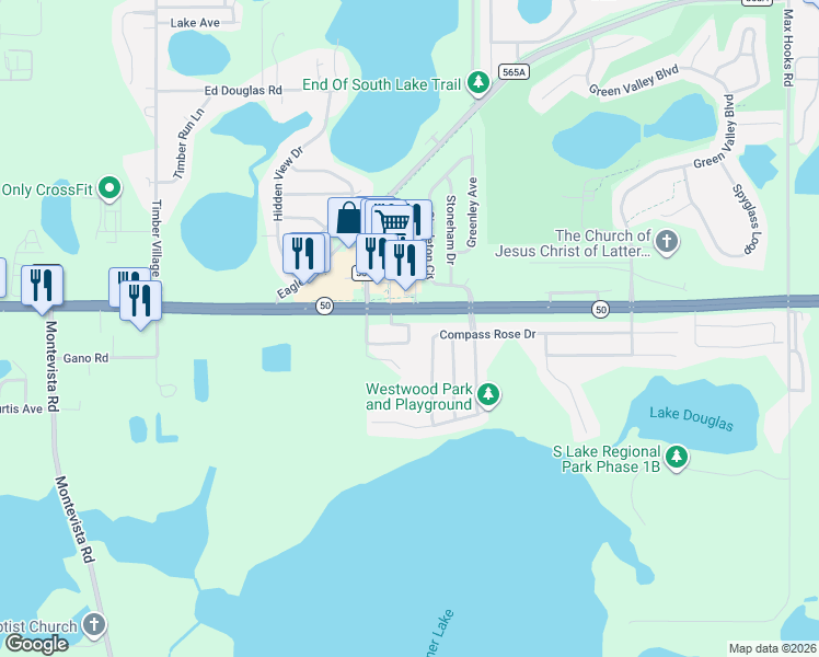 map of restaurants, bars, coffee shops, grocery stores, and more near 131 Compass Rose Drive in Groveland