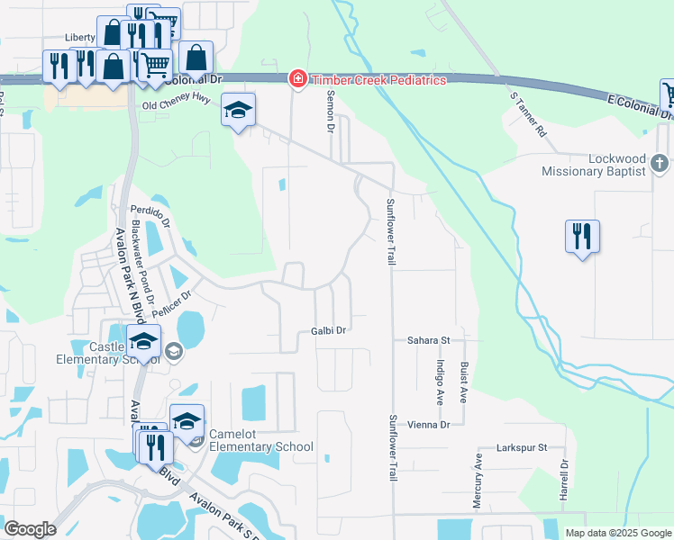 map of restaurants, bars, coffee shops, grocery stores, and more near 15443 Perdido Drive in Orlando
