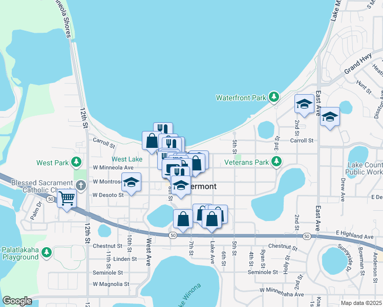 map of restaurants, bars, coffee shops, grocery stores, and more near 673 West Osceola Street in Clermont
