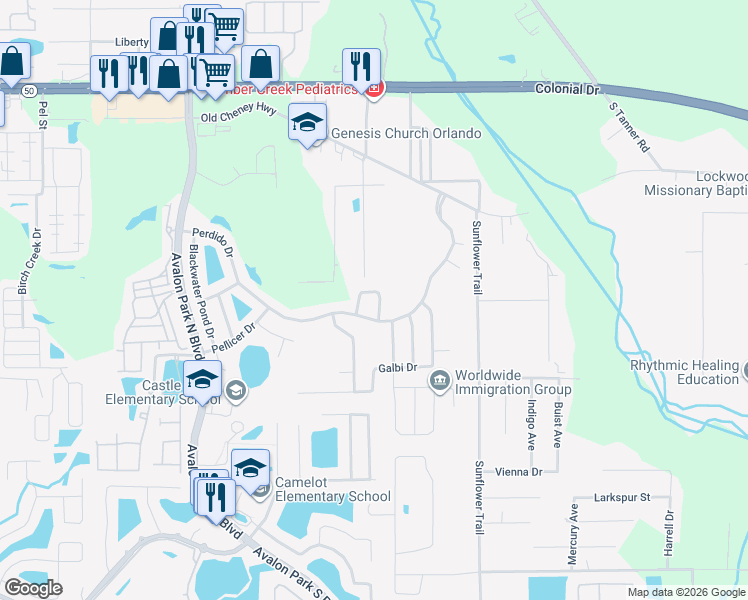 map of restaurants, bars, coffee shops, grocery stores, and more near 1657 Algonkin Loop in Orlando