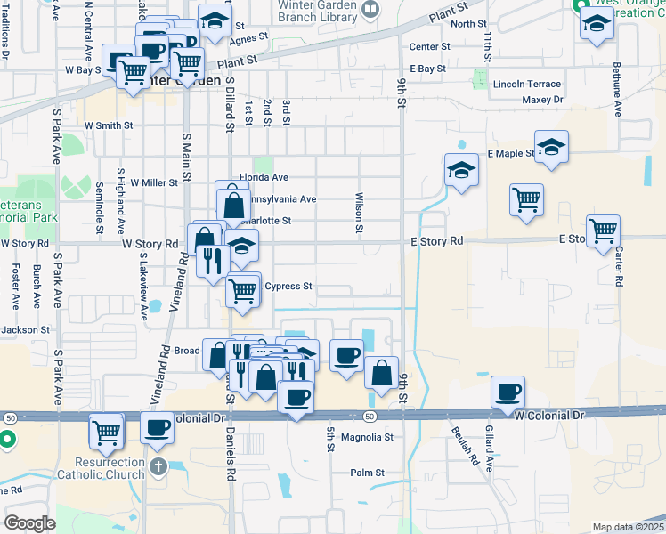 map of restaurants, bars, coffee shops, grocery stores, and more near 316 East Lafayette Street in Winter Garden