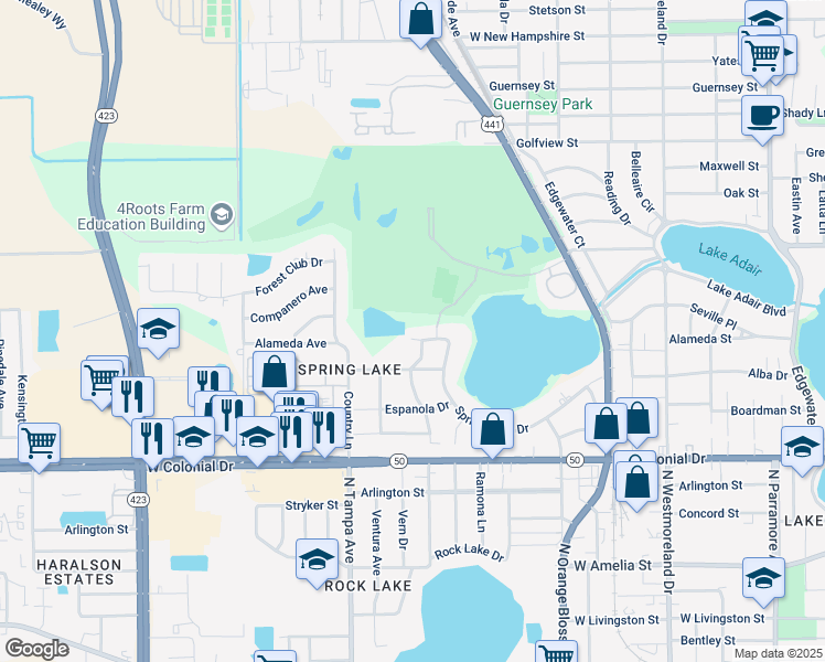 map of restaurants, bars, coffee shops, grocery stores, and more near 1725 Alameda Avenue in Orlando