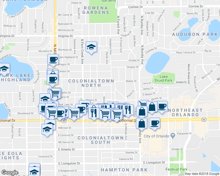 map of restaurants, bars, coffee shops, grocery stores, and more near 1907 East Marks Street in Orlando