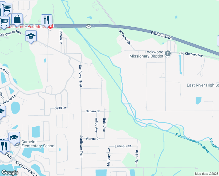 map of restaurants, bars, coffee shops, grocery stores, and more near 1215 Buist Street in Orlando