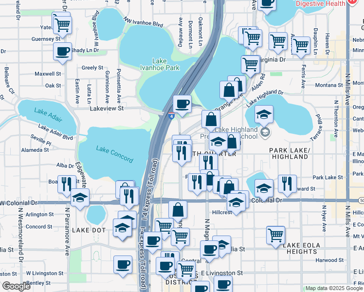 map of restaurants, bars, coffee shops, grocery stores, and more near 911 North Orange Avenue in Orlando