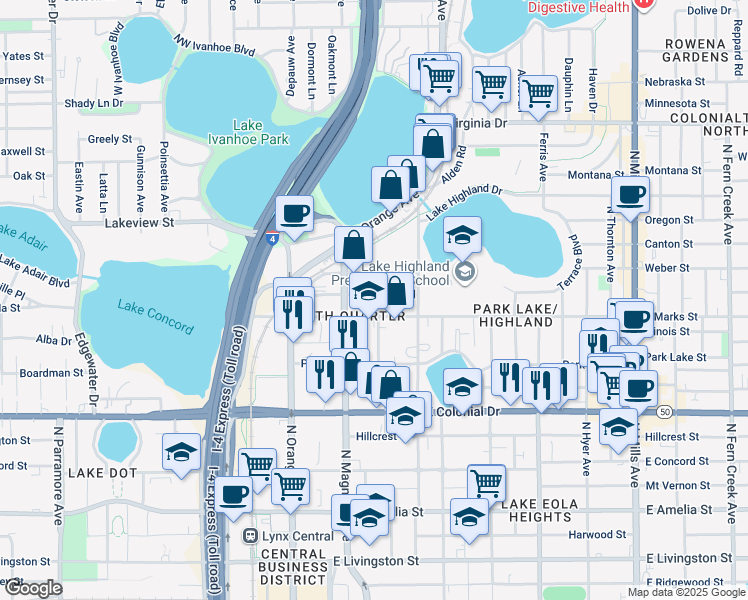 map of restaurants, bars, coffee shops, grocery stores, and more near 209 East Marks Street in Orlando