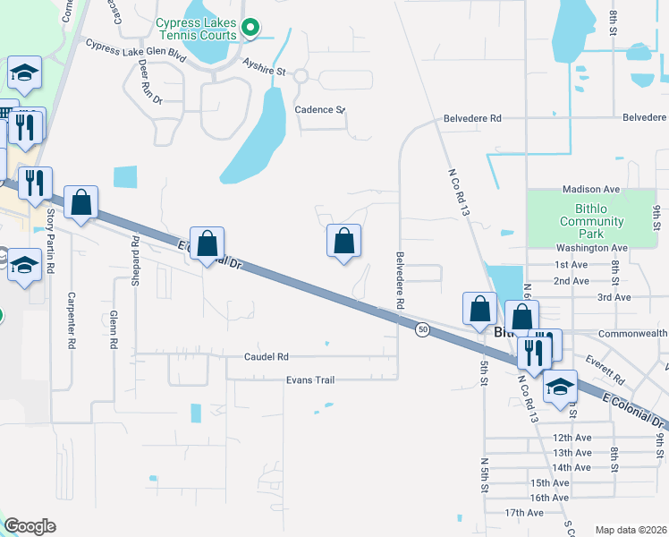map of restaurants, bars, coffee shops, grocery stores, and more near 17805 East Colonial Drive in Orlando