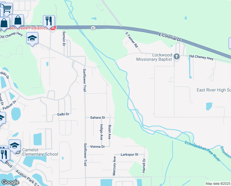 map of restaurants, bars, coffee shops, grocery stores, and more near 1215 Buist Street in Orlando