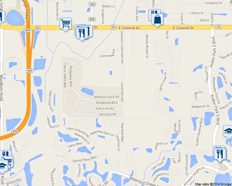 map of restaurants, bars, coffee shops, grocery stores, and more near 13726 Old Dock Road in Orlando