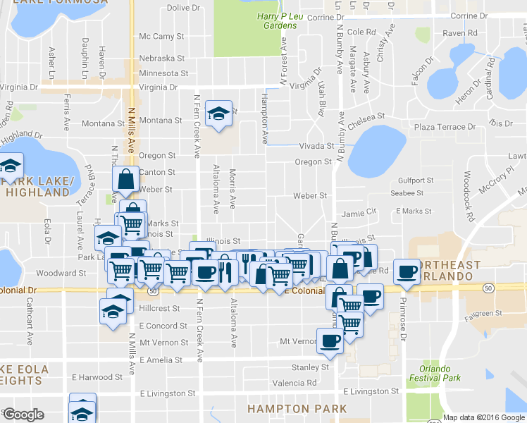 map of restaurants, bars, coffee shops, grocery stores, and more near 1907 East Marks Street in Orlando