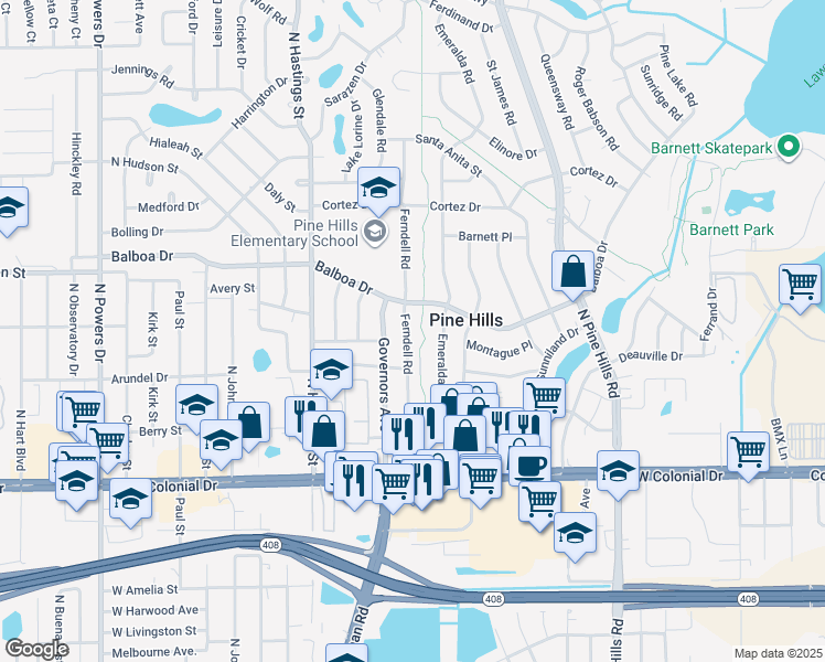 map of restaurants, bars, coffee shops, grocery stores, and more near 910 Ferndell Road in Orlando