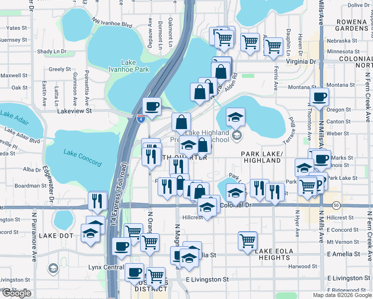 map of restaurants, bars, coffee shops, grocery stores, and more near in Orlando