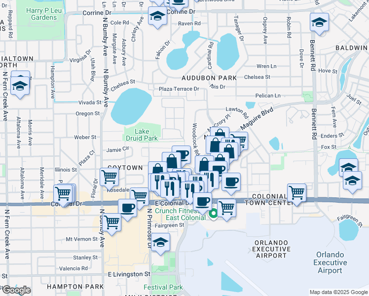 map of restaurants, bars, coffee shops, grocery stores, and more near 958 Warehouse Road in Orlando