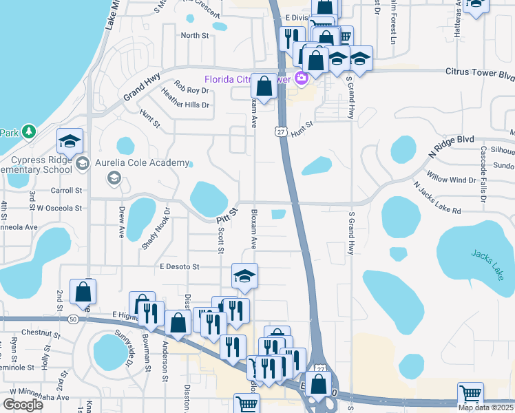 map of restaurants, bars, coffee shops, grocery stores, and more near 709 Pitt Street in Clermont