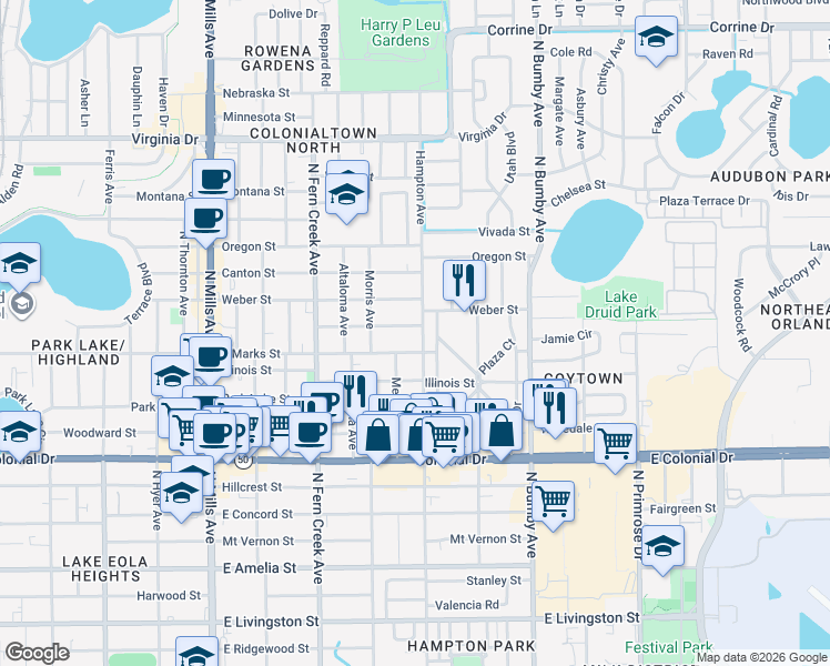 map of restaurants, bars, coffee shops, grocery stores, and more near 1907 East Marks Street in Orlando