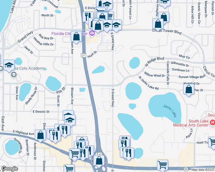 map of restaurants, bars, coffee shops, grocery stores, and more near 975 Pitt Street in Clermont