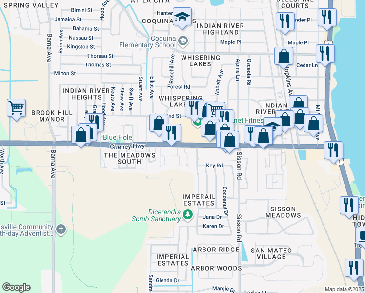 map of restaurants, bars, coffee shops, grocery stores, and more near 827 Cheney Highway in Titusville