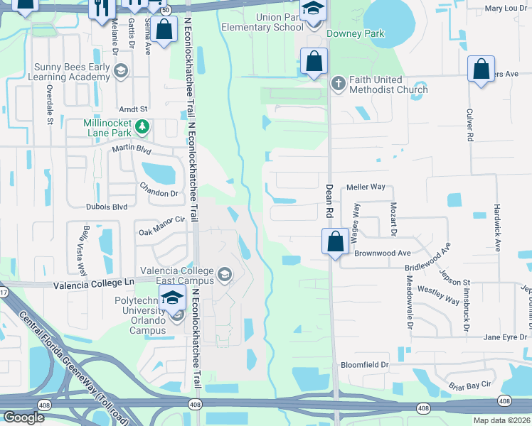 map of restaurants, bars, coffee shops, grocery stores, and more near 9838 Piney Point Circle in Orlando