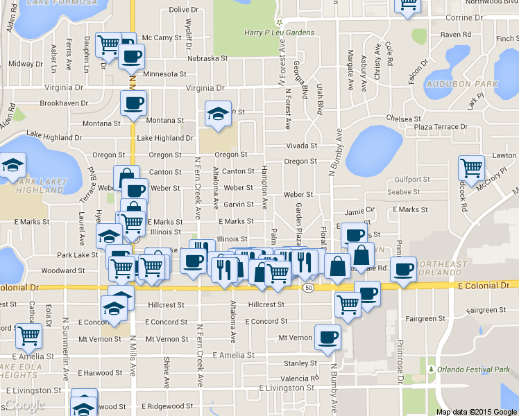 map of restaurants, bars, coffee shops, grocery stores, and more near 1907 East Marks Street in Orlando