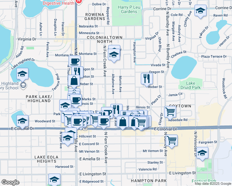map of restaurants, bars, coffee shops, grocery stores, and more near 1712 Morris Avenue in Orlando