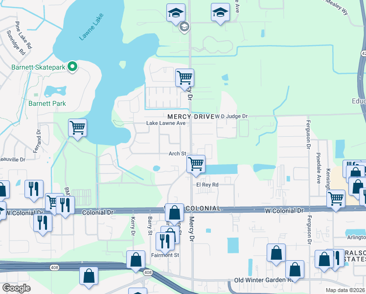 map of restaurants, bars, coffee shops, grocery stores, and more near 984 Mercy Drive in Orlando