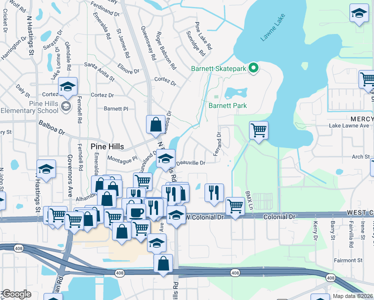 map of restaurants, bars, coffee shops, grocery stores, and more near 900 Alecon Drive in Orlando