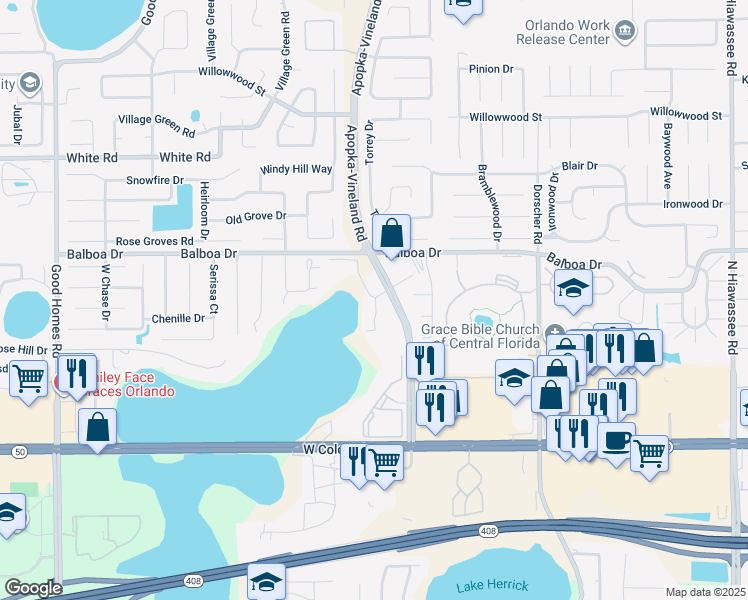 map of restaurants, bars, coffee shops, grocery stores, and more near 1724 London Crest Drive in Orlando