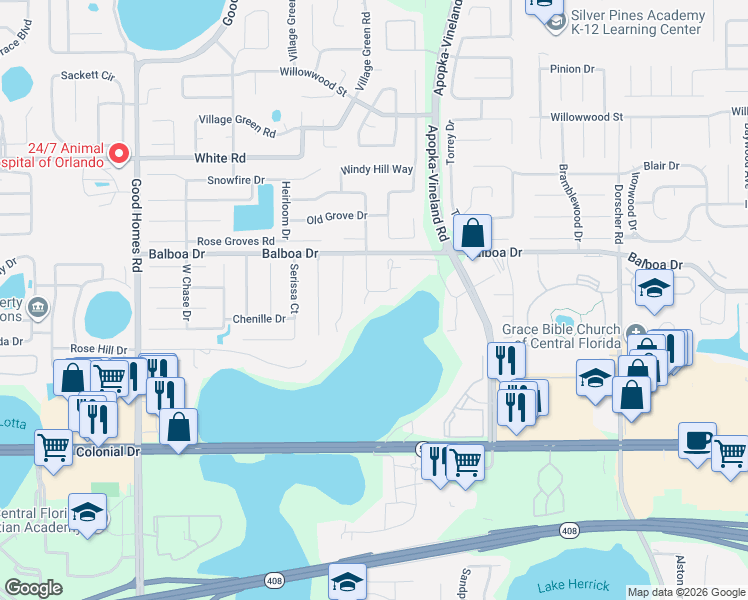 map of restaurants, bars, coffee shops, grocery stores, and more near 1202 Woodman Way in Orlando