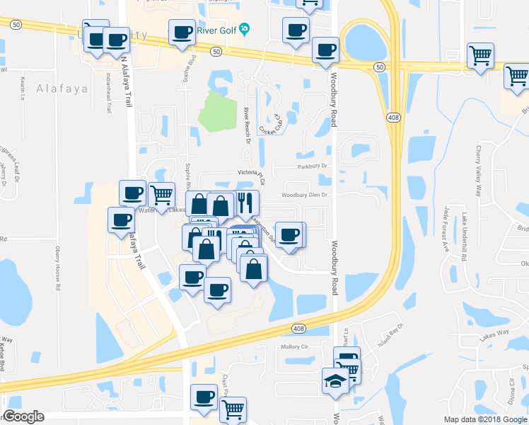 map of restaurants, bars, coffee shops, grocery stores, and more near 12639 Lexington Summit Street in Orlando