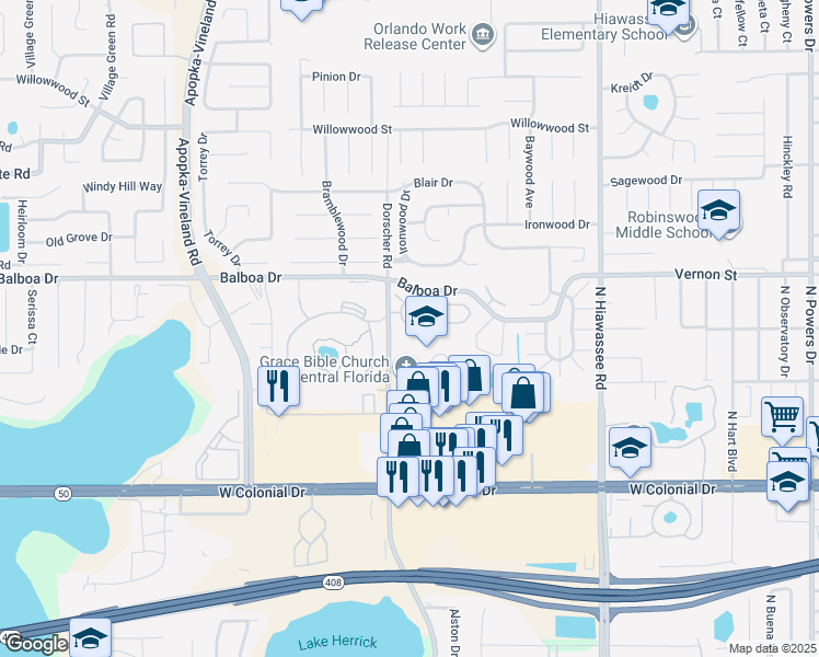 map of restaurants, bars, coffee shops, grocery stores, and more near 7486 Beacon Hill Loop in Orlando