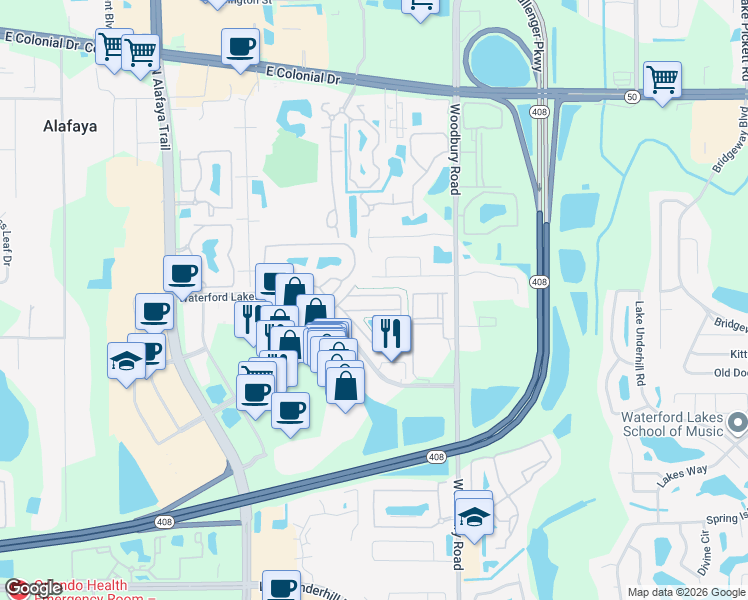 map of restaurants, bars, coffee shops, grocery stores, and more near 12718 Somerset Oaks Street in Orlando