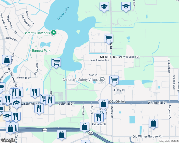 map of restaurants, bars, coffee shops, grocery stores, and more near 4512 Lawne Court in Orlando