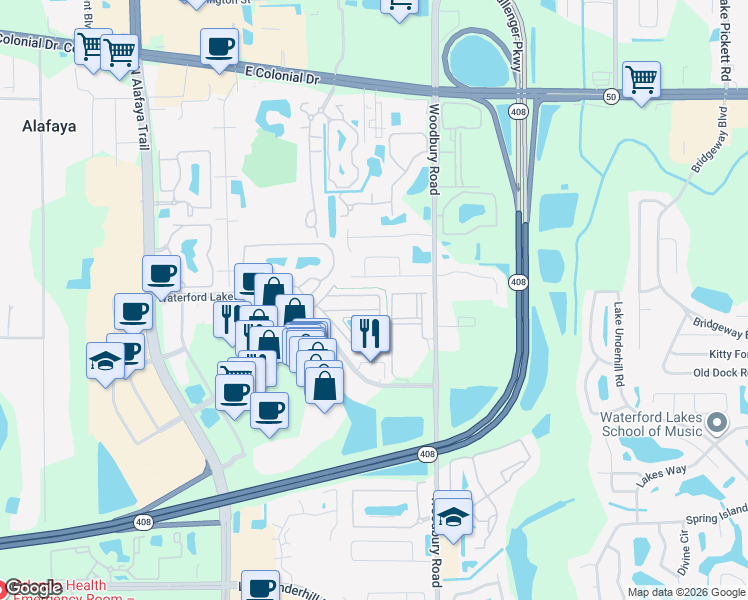 map of restaurants, bars, coffee shops, grocery stores, and more near 13054 Lexington Summit Street in Orlando