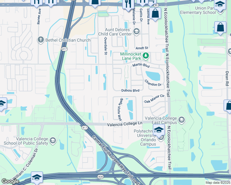 map of restaurants, bars, coffee shops, grocery stores, and more near 1037 Vista Palma Way in Orlando