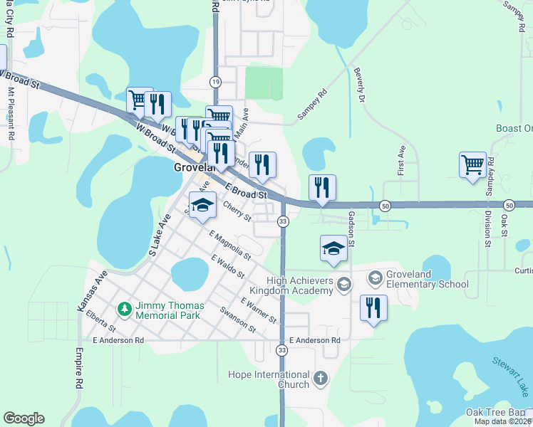 map of restaurants, bars, coffee shops, grocery stores, and more near 115 Edge Court in Groveland