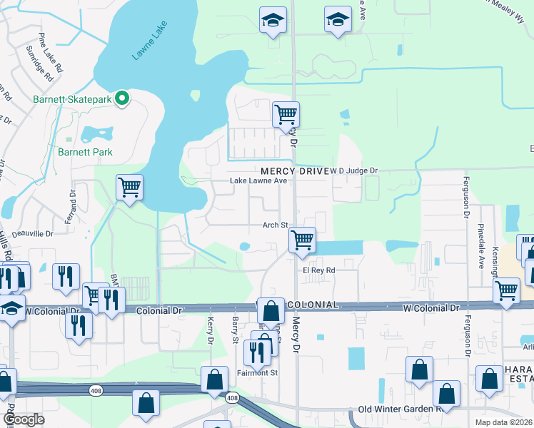 map of restaurants, bars, coffee shops, grocery stores, and more near 4320 Aetna Drive in Orlando