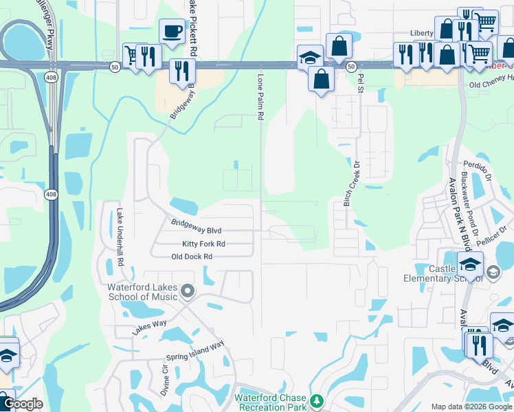 map of restaurants, bars, coffee shops, grocery stores, and more near 13726 Old Dock Road in Orlando