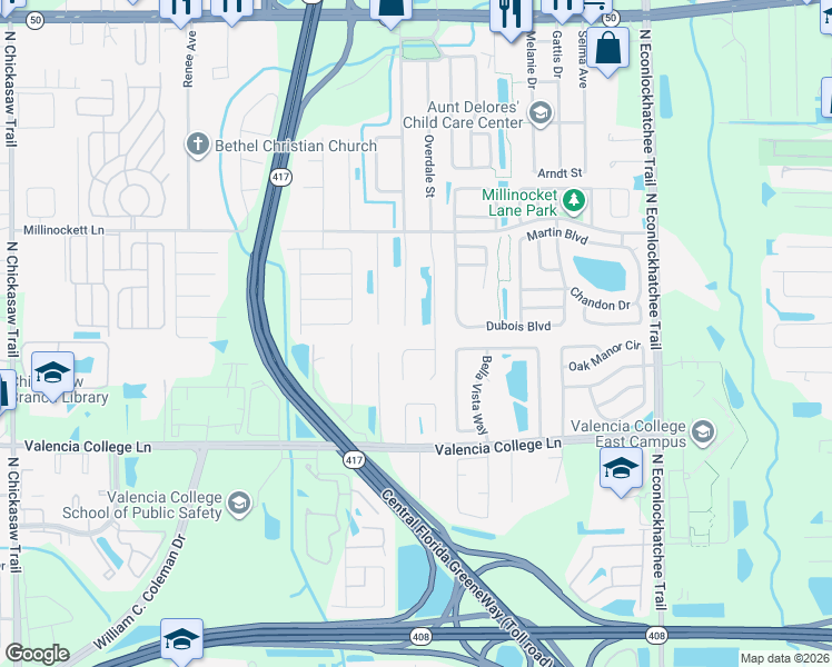 map of restaurants, bars, coffee shops, grocery stores, and more near 8836 Lambert Lane in Orlando