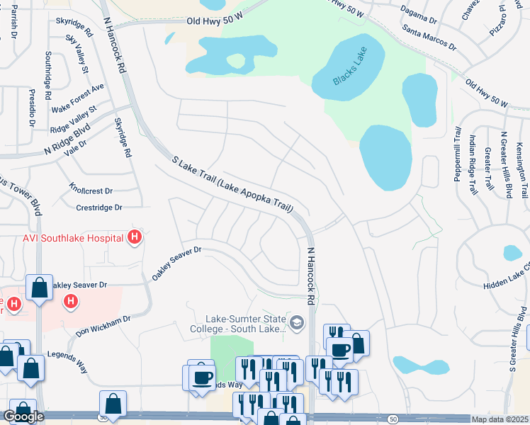 map of restaurants, bars, coffee shops, grocery stores, and more near 897 Princeton Drive in Clermont