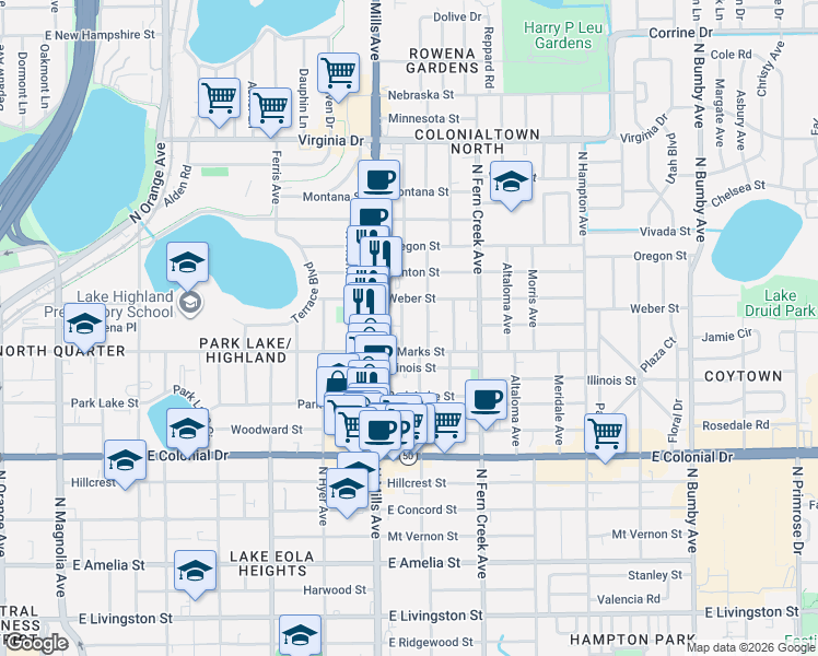 map of restaurants, bars, coffee shops, grocery stores, and more near 1311 East Marks Street in Orlando