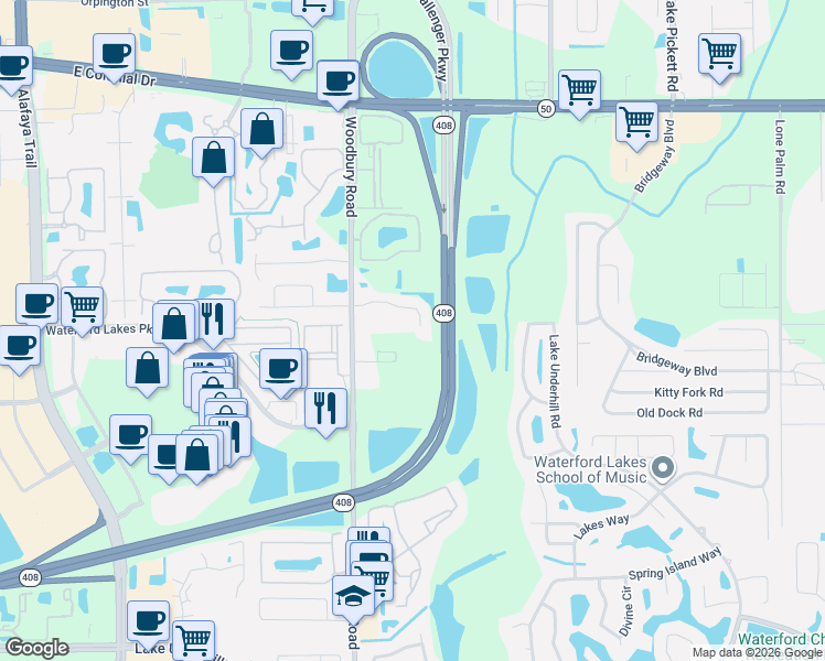 map of restaurants, bars, coffee shops, grocery stores, and more near 12533 Woodbury Cove Drive in Orlando