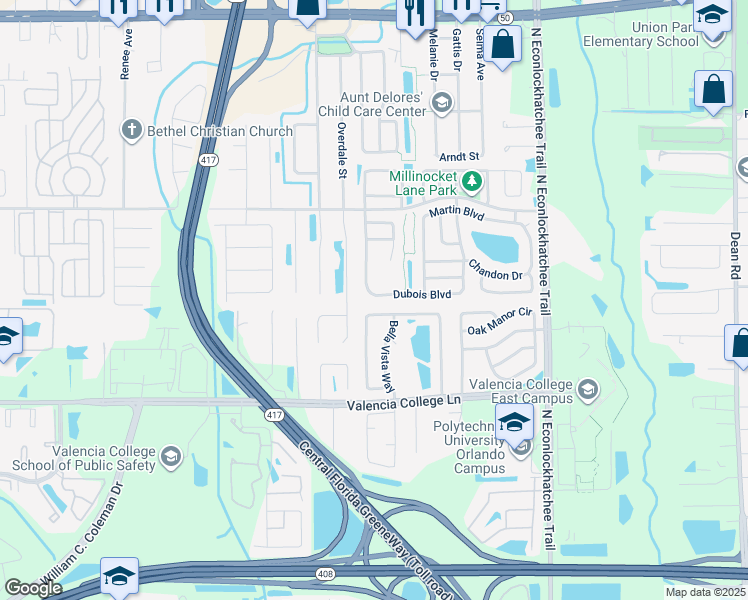 map of restaurants, bars, coffee shops, grocery stores, and more near 1037 Vista Palma Way in Orlando
