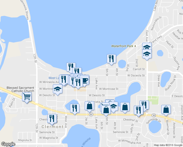map of restaurants, bars, coffee shops, grocery stores, and more near 673 West Osceola Street in Clermont