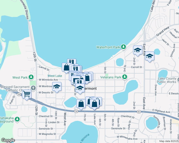 map of restaurants, bars, coffee shops, grocery stores, and more near 673 West Osceola Street in Clermont