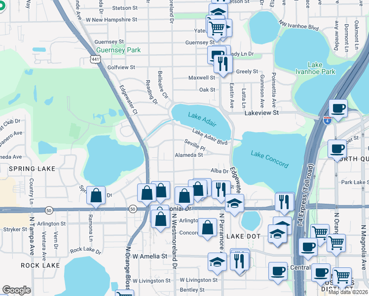 map of restaurants, bars, coffee shops, grocery stores, and more near 901 Alhambra Court in Orlando