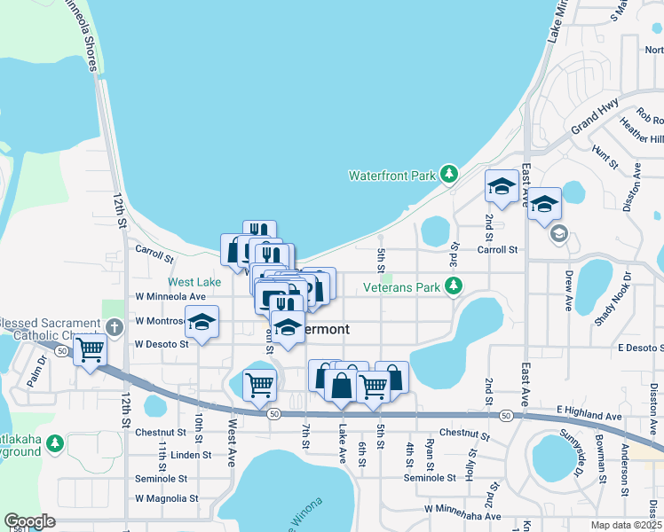 map of restaurants, bars, coffee shops, grocery stores, and more near 668 West Osceola Street in Clermont