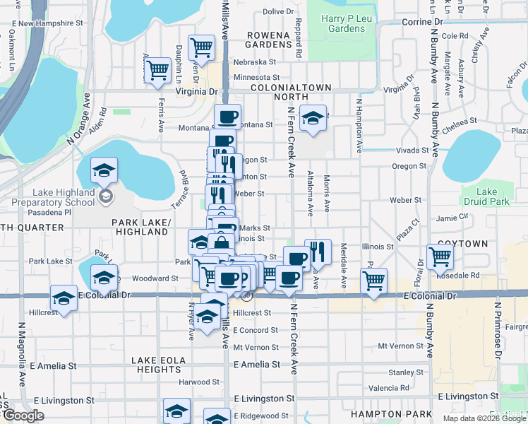 map of restaurants, bars, coffee shops, grocery stores, and more near 906 La Salle Avenue in Orlando