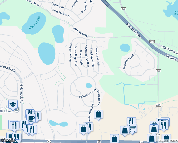 map of restaurants, bars, coffee shops, grocery stores, and more near 15910 Hidden Lake Circle in Clermont