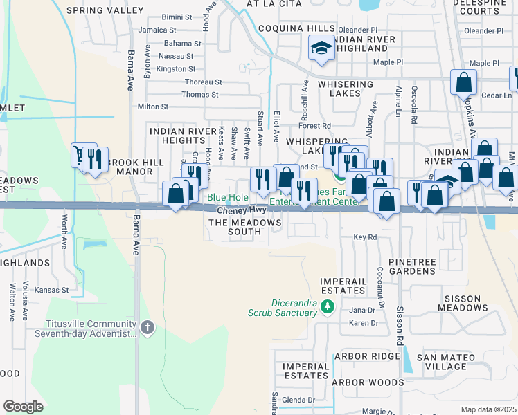 map of restaurants, bars, coffee shops, grocery stores, and more near 4599 Moon Road in Titusville